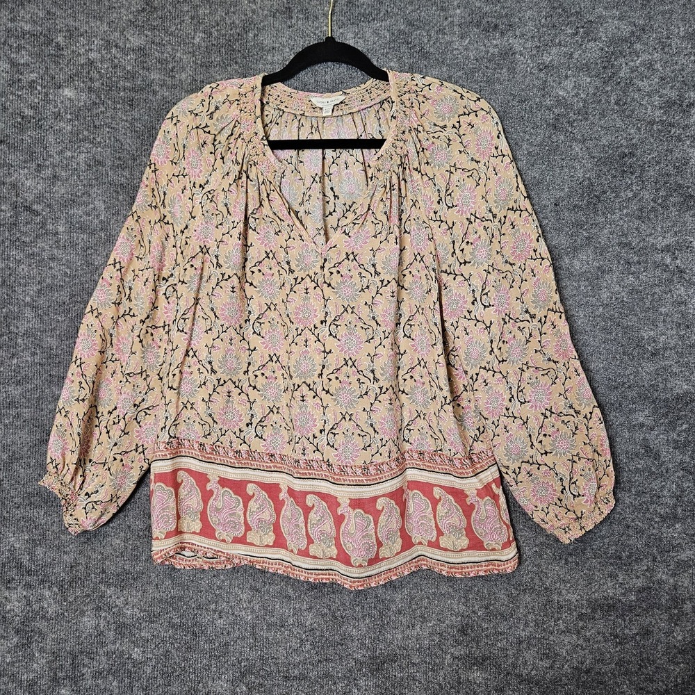 Lucky Brand Top Womens M Pink Paisley Border Print Flowy Peasant